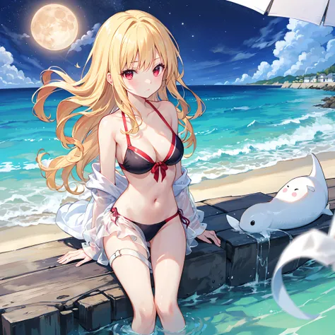 Wavy blonde、red eyes、Beautiful girl alone、The bikini、a moon、sea side、natta