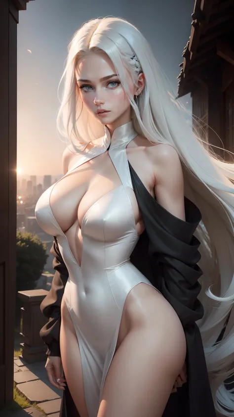 Beutiful women,long whitr hair,Shy,white color hair，Comic style,Tall guy,portrait，The chest is large,Perfect body proportion,scapula，Thin，Be red in the face，Overlooking，Body focus,Jumpy,dingdall effect，Model figure,cinematic perspective,nape,Sharpen，8K，rea...