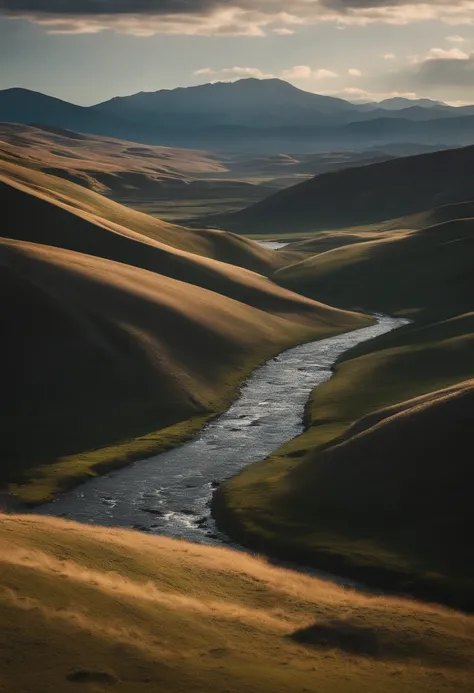 Aalfid view of the valley，A river runs through it, film Silk Road landscape, Stunning landscape, breathtaking landscape, Majestic nature, Mongolia, Landscape scenery, amazing landscape in background, Detailed scenery —width 672, grass mountain landscape, n...