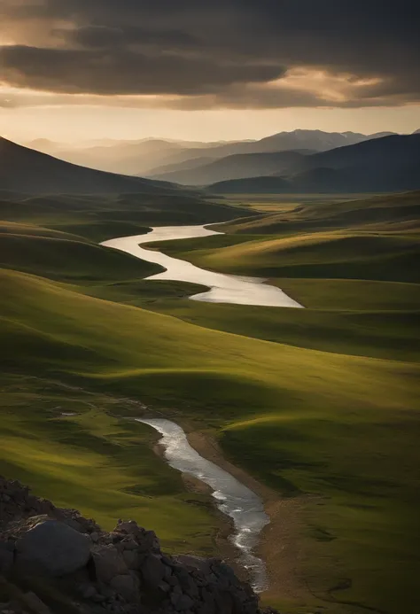 Aalfid view of the valley，A river runs through it, film Silk Road landscape, Stunning landscape, breathtaking landscape, Majestic nature, Mongolia, Landscape scenery, amazing landscape in background, Detailed scenery —width 672, grass mountain landscape, n...