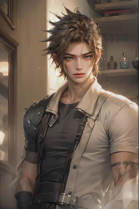 (absurdres, highres, ultra detailed, HDR), masterpiece, best quality, Final Fantasy 7, short hair, handsome face, anime eyes, detailed interior, detailed character