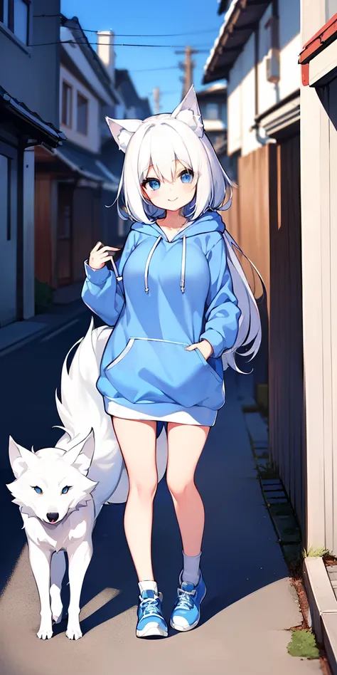 ​masterpiece、top-quality、女の子1人、white  hair、Longer wolf cut、Viewers Perspective、kawaii、Long hoodie、outside of house、Street、A slight smil、Short stature、very large breast、blue clothing