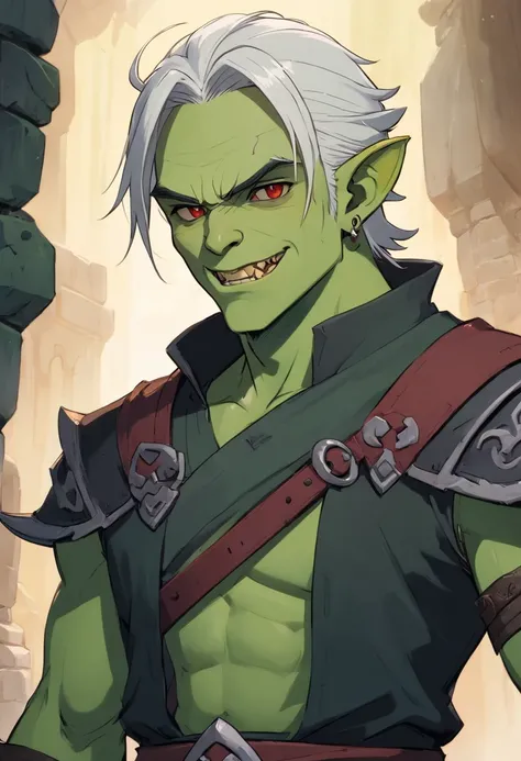 half orc, green skin, male, close up portrait, fantasy look, rpg character, medieval fantasy, white hair, red eyes, 1.90 height, muscolar, half-body shot, scars, ((Taper Haircut + Brushed Up mans hairstyle)), black boots, fullbody ((fullbody)), muscolar bo...