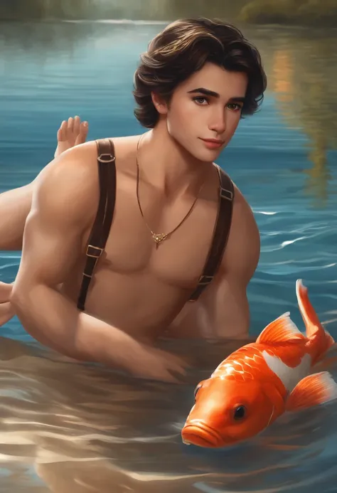 qualidade de imagem do filme，Disney Animation Style，A boy swims in the sea with a koi in his arms，cabelo curto e detalhado，Denim suspenders，Bare feet，profundidade de campos，Luz alta，luz real，Traching de raias，oc renderizado，hyper-realistic，melhor qualidade...