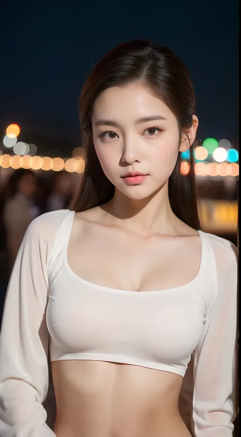 realistic photos of 1 cute Korean star, hair pulled back, white skin, thin makeup, 32 inch breasts size, wearing long sleeves crop top, at floating market, night,  upper body portrait, dithering, UHD