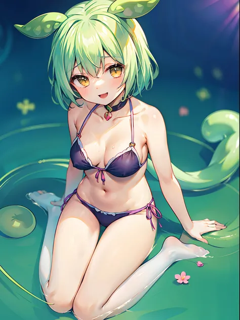 a beauty girl，Yellow-green hair，bobhair、short-hair、Gentle drooping eyes，large full breasts、校服，Manga style，fulcolor，hi-school girl，Calm and gentle face，Big smile、innocent smiles, School swim wear,bikini