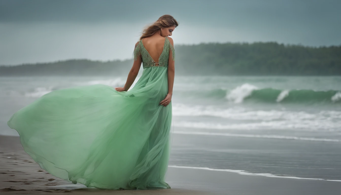 Beautiful Ukrainian beauty on the beach，Soft green and purple mist, Full body shot, Professional photography