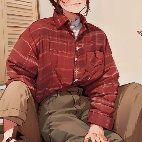 woman sitting on a couch with a hat and a red plaid shirt, a portrait by Emma Andijewska, instagram, renaissance, wearing a flannel shirt, flannel, plaid shirt, 🦩🪐🐞👩🏻🦳, 2 0 2 0 fashion, red shirt brown pants, loose - fitting blouses, wearing plaid shirt, v...