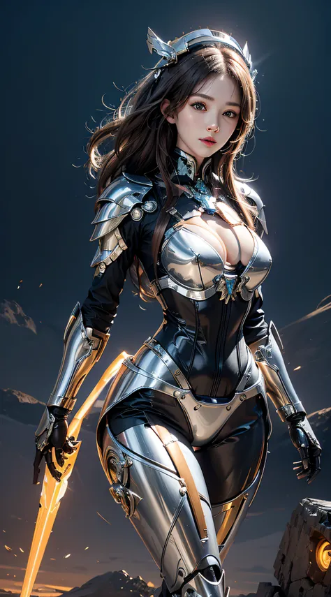 photorealistic, high resolution, 1women, mature female, solo, hips up, robot, mecha musume,mechanical parts, robot joints,single mechanical arm, headgear, mechanical halo,star halo,intricate mechanical bodysuit, mecha corset, full armor, white mecha body