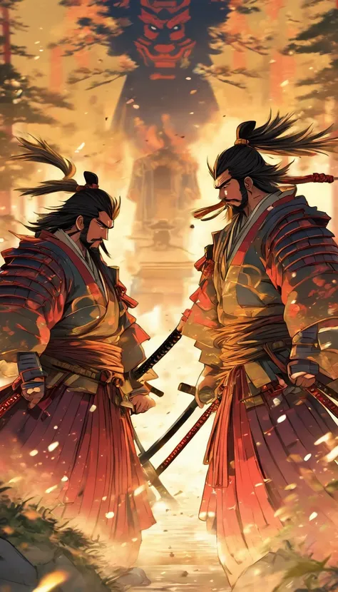 Anime style rendering of historical samurai duels, Features highly detailed characters and landscapes, Atmospheric background, Reminiscent of the works of Hideaki Kuno and Stanley Ategg Liu.