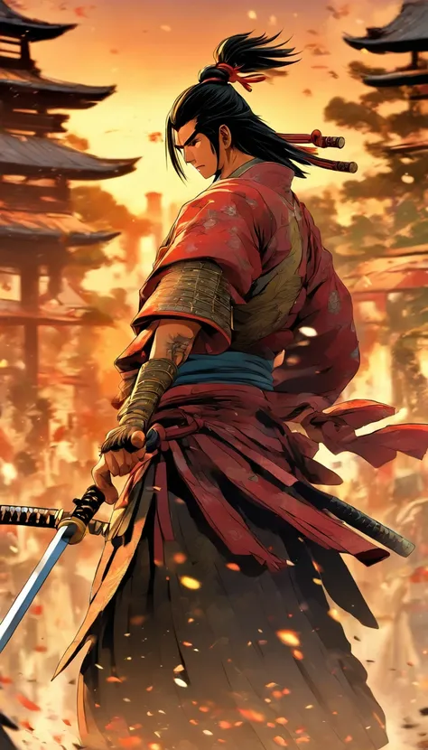 Anime style rendering of historical samurai duels, Features highly detailed characters and landscapes, Atmospheric background, Reminiscent of the works of Hideaki Kuno and Stanley Ategg Liu.