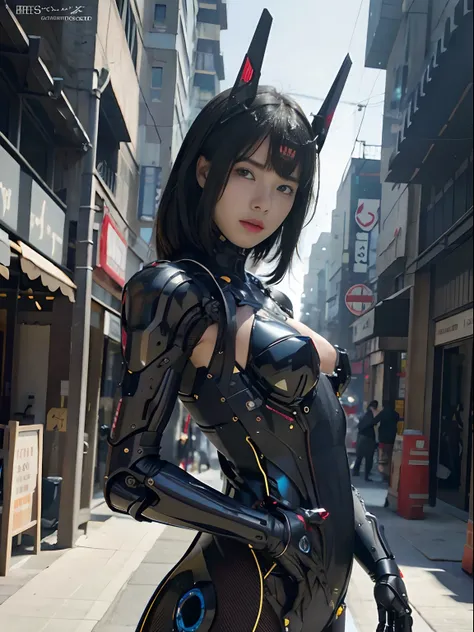 （Fight against mechanical robot soldiers）、top-quality、​masterpiece、超A high resolution、(sexypose),（Wearing a futuristic sun visor）、(Photorealsitic:1.4)、Raw photo、女の子1人、Black hair、glowy skin、((1 Mechanical Girl))、((super realistic details))、portlate、（Small L...