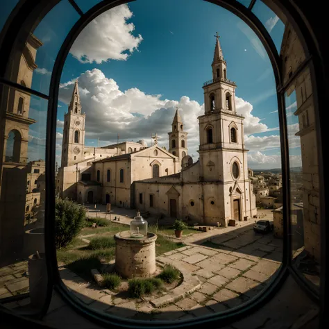 documentary photo of the Cathedral of Matera (church) with its bell tower, a small church on top of a hill, clouds in the sky, inside a square glass jar with lid, placed on the windowsill, extremely detailed, 8K, apocalyptic punk style, miniatures, macro p...