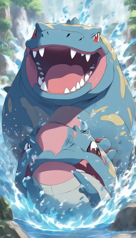 A Pokémon inspired by hippos Chinese literary style of rock and water attributes，Wears blue-gray skin，Huge mouth and four large teeth。