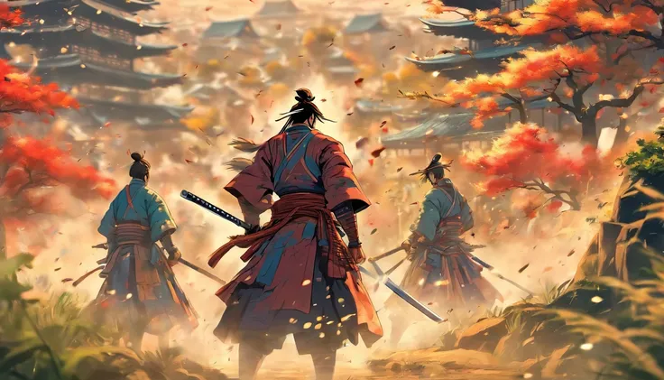 Anime style rendering of historical samurai duels, Features highly detailed characters and landscapes, Atmospheric background, Reminiscent of the works of Hideaki Kuno and Stanley Ategg Liu.