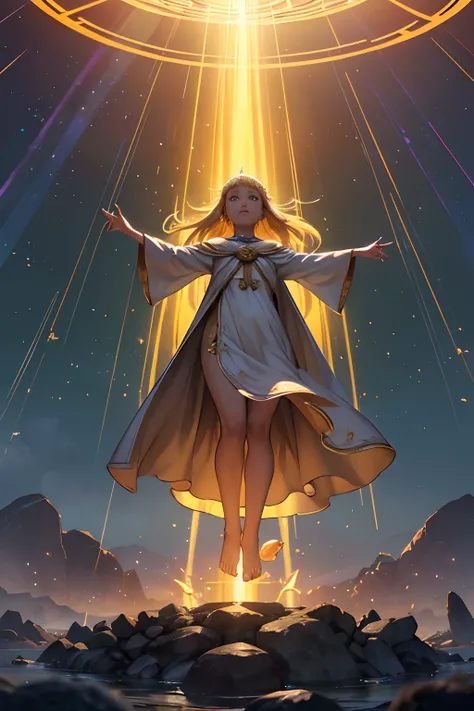 Summoner barefoot female levitating with blonde hair, robes and arms of cloak raised on a broken earth, luz de lava brilhante de baixo do campo de asteroides (rochas irregulares, pedregulhos e detritos disparando para o ar:1.3) (tempestade de detritos de p...