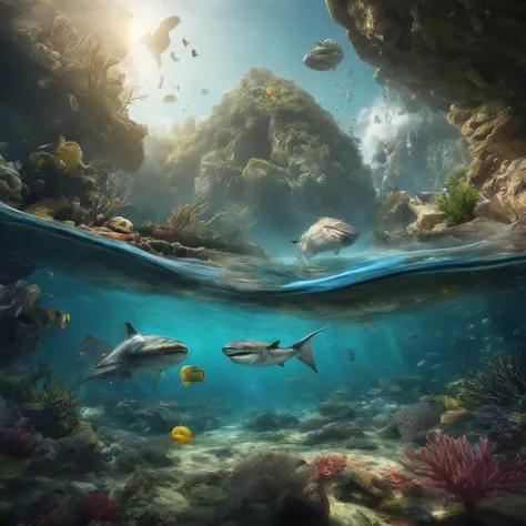 Open World，Undersea Acarandis，fantastic color，Draw the underwater world，Fluctuations in clear water，Fluctuating bubbles in water，Very wide angle shot，Fantastic artistic expression，