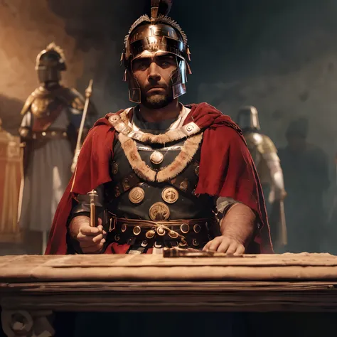 Arafed man in a Roman costume standing behind a desk, Imperador Romano, vestido com armadura romana, vestidos com roupas romanas, roman centurion, maximus jacobs, history drama, historicamente preciso, Soldado antigo, Roman legionary, Julius Caesar, Homem ...