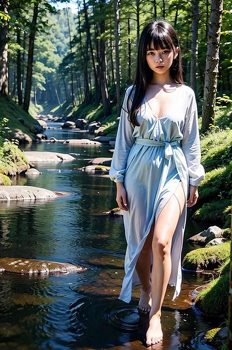 NSFW,​masterpiece、high-level image quality、high-detail、full body Esbian、fullnude、One Beautiful Girl, hi-school girl、15yo student、Hairstyle with bangs、great outdoors、Blue swamp in the coniferous forest belt、Beautiful girl walking in the water and coming her...