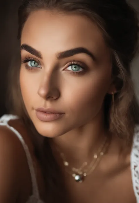 Arafed woman with a white tank top and necklace, fille sexy aux yeux verts, Portrait Sophie Mudd, cheveux bruns et grands yeux, selfie of a young woman, Yeux de chambre, Violet Myers, sans maquillage, maquillage naturel, looking straight at camera, Visage ...