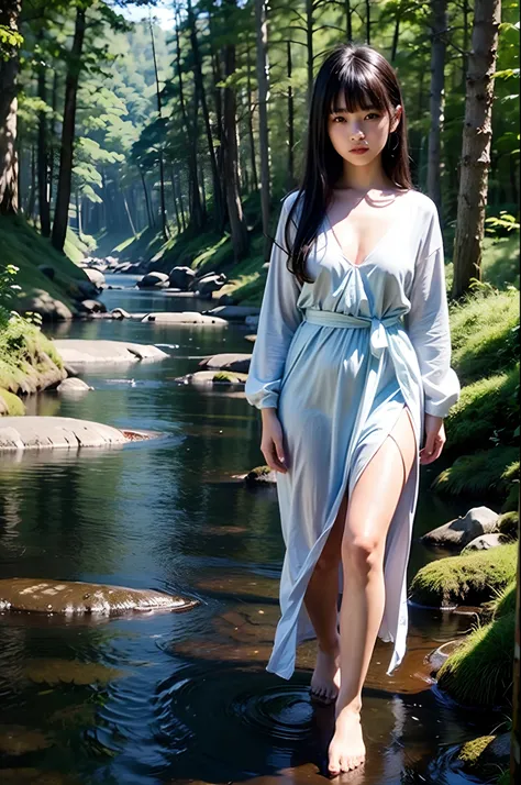 NSFW,​masterpiece、high-level image quality、high-detail、full body Esbian、fullnude、One Beautiful Girl, hi-school girl、15yo student、Hairstyle with bangs、great outdoors、Blue swamp in the coniferous forest belt、Beautiful girl walking in the water and coming her...