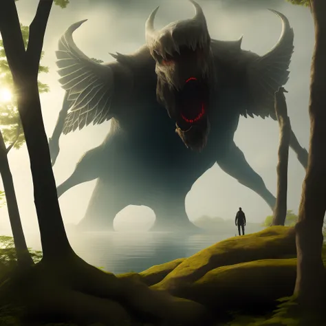 Giant creature, looking down on people, foggy, red eyes, gray body, in a lake, trees growing around the lake, hole in its chest, monster, black floating in the sky cloud,There is only one eye､shaped like a human､It has four wings made of bone-like material...