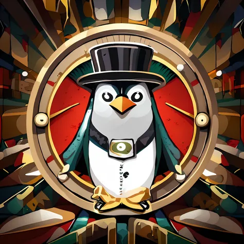 There is a picture of a penguin with a top hat and a suit, pinguim Pinguim0,  pinguim, Club Pinguim, Mascot illustration, stylized digital illustration, steampunk illustration, pinguim, por Nedelchev, pinguim gordo, in illustration style digital, Unidade A...