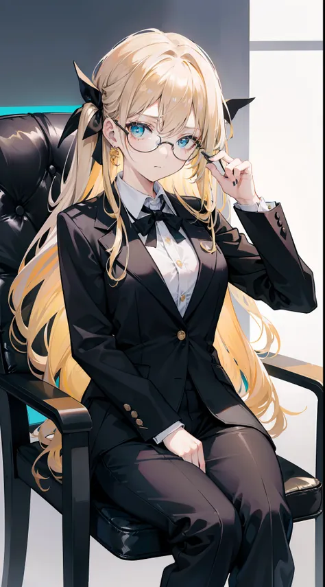 18-year-old woman with golden hair, turquoise eyes, long hair Tie a black ribbon on the back, wear eye glasses. Wearing a black work suit, sitting on a chair.