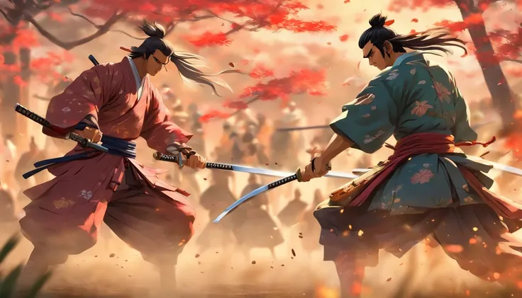 Anime-style rendering of a historic Samurai duel, with highly detailed characters and a scenic, atmospheric background, reminiscent of art by Hideaki Anno and Stanley Artgerm Lau.