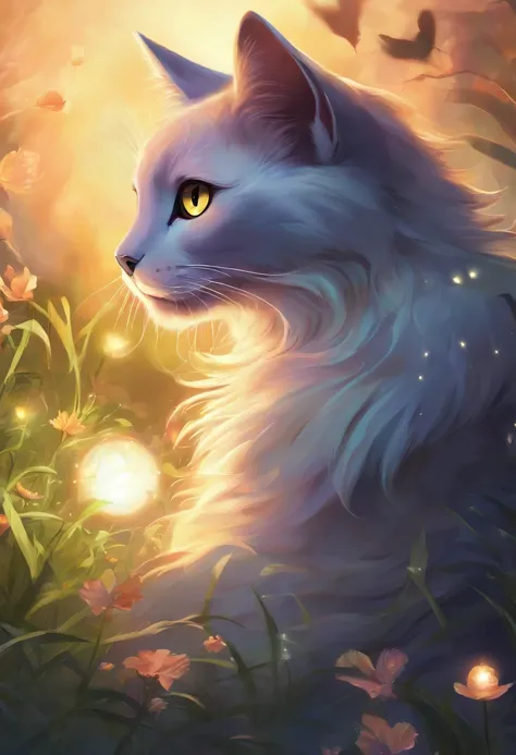 there is a black cat sitting in the grass with a glowing light, magical glowing eyes, beautiful glowing eyes, bright glowing eyes, glowing magical eyes, dream animal cute eyes, sparkling eyes, cute detailed digital art, adorable digital painting, brightly ...