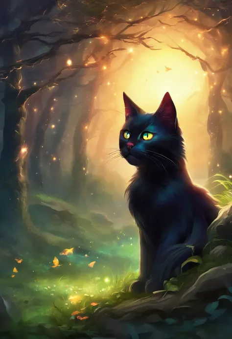 there is a black cat sitting in the grass with a glowing light, magical glowing eyes, beautiful glowing eyes, bright glowing eyes, glowing magical eyes, dream animal cute eyes, sparkling eyes, cute detailed digital art, adorable digital painting, brightly ...