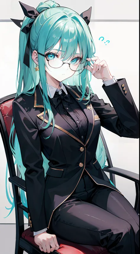 18-year-old woman with golden hair, turquoise eyes, long hair Tie a black ribbon on the back, wear eye glasses. Wearing a black work suit, sitting on a chair.