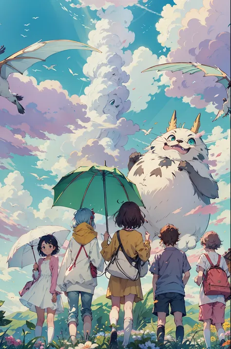 Chicos jovenes observando el cielo en un prado verde, Real anime costume design, Viaje de Chihiro, Totoro. detallado, colorido, cielo azul con dragon blanco volando.