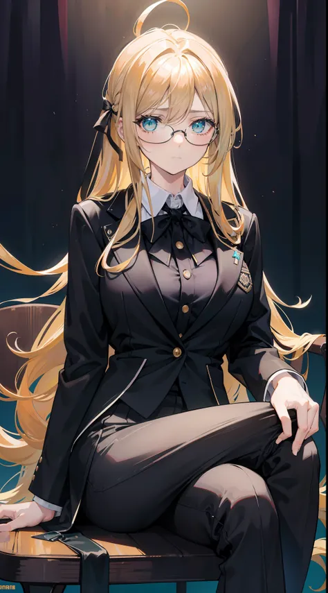 18-year-old woman with golden hair, turquoise eyes, long hair Tie a black ribbon on the back, wear eye glasses. Wearing a black work suit, sitting on a chair.