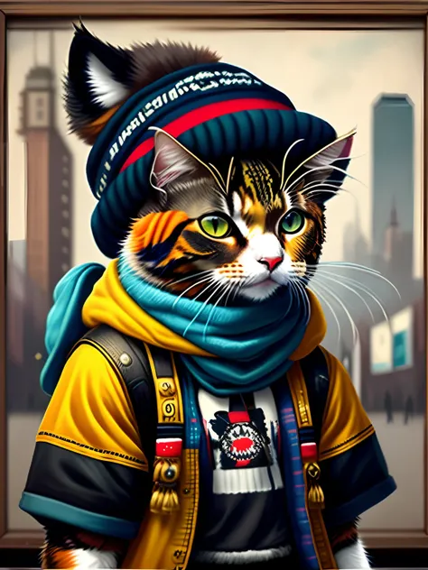 a painting of a cat wearing a hat and scarf, trending in the art station, dressed in punk clothes, detailed hyper realistic rendering, british gang member, street style, intimidating pose, planet of the cats, clothes with fashion, urban samurai, meow, west...