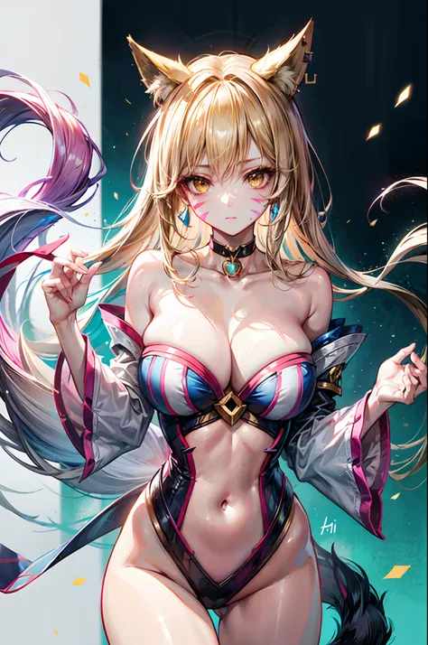 k/da_ahri, 1girl, ahri (league of legends), breasts, animal ears, blonde hair, solo, fox ears, k/da (league of legends), long hair, cleavage, tail, whisker markings, looking at viewer, facial mark, choker, large breasts, bare shoulders, fox tail, jewelry, ...