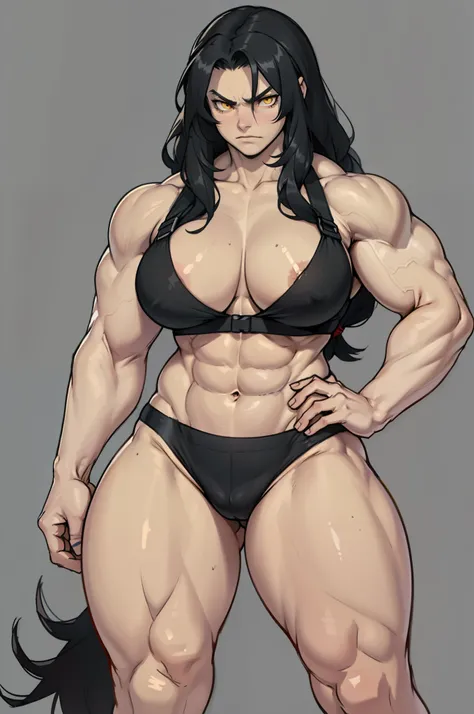 ((grey background)), solo, ((((1 girl)))), very long hair, black hair, angry, yellow eyes, (((((muscular))))), (huge tits), (thick thighs), (wide hips), pale skin, standing, slick hair