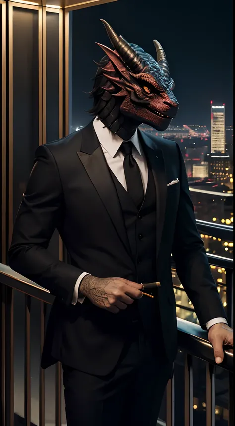 dragon mask creature, smoking cigarettes, black suit, glass of wine, god father style, standing at the balcony, city at night background, skyscrapers, full body, masterpiece, ultra high quality, ultra face detail