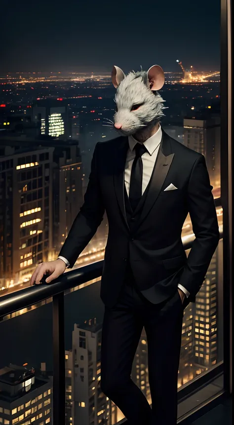 rat mask creature, smoking cigarettes, smoke, black suit, glass of wine, god father style, standing at the balcony, city at night background, skyscrapers, full body, masterpiece, ultra high quality, ultra face detail