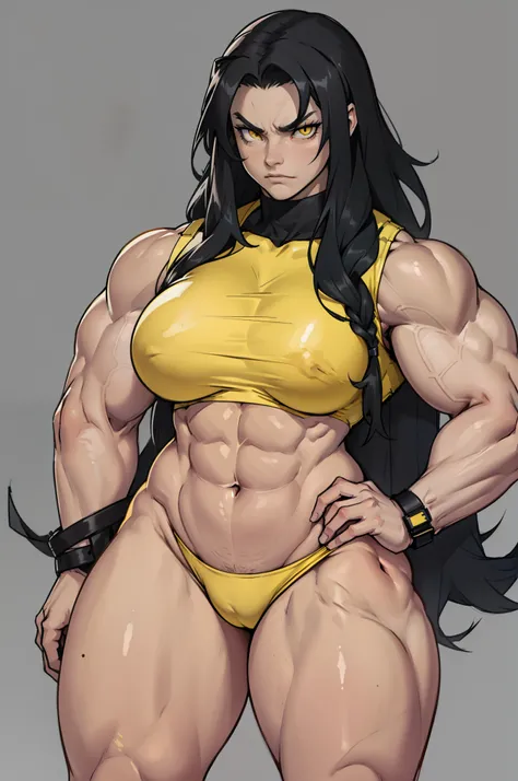 ((grey background)), solo, ((((1 girl)))), very long hair, black hair, angry, yellow eyes, (((((muscular))))), (huge tits), (thick thighs), (wide hips), pale skin, standing, slick hair