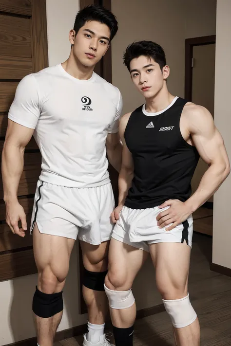 2 Young people，Handsome，musculous，hairy bodies，athletic sneakers，White  socks，White sports shorts（Detailed eyes：1.3），Black eyes，full bodyesbian，