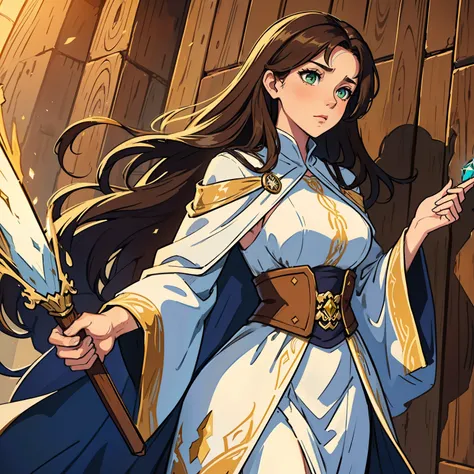 A beautiful sexy woman with green eyes and brown hair is a sorceress Wizard dressed in white and gold robes Noble robes A princess of magic and a sad look. A background with a dramatic wooden wall An art for an RPG A medieval art for an RPG (obra prima) ((...