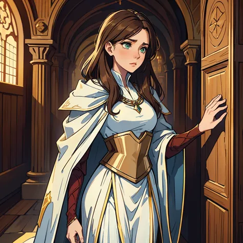 A beautiful sexy woman with green eyes and brown hair is a sorceress Wizard dressed in white and gold robes Noble robes A princess of magic and a sad look. A background with a dramatic wooden wall An art for an RPG A medieval art for an RPG (obra prima) ((...