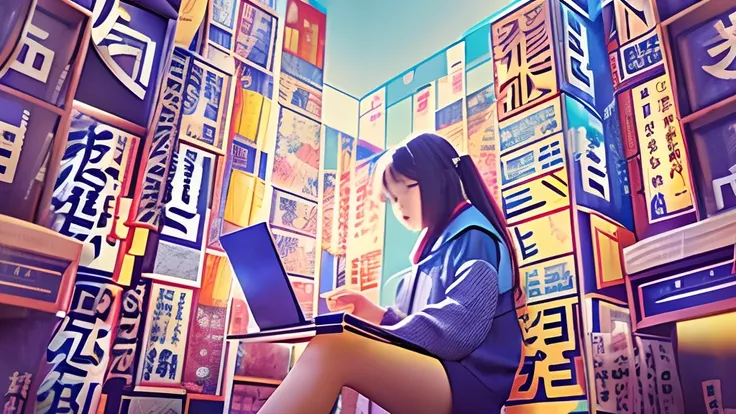 reeds! Novel jacket, The title text says"Code Angel" film photo: A 13-year-old girl sits in a small Japanese shrine between buildings in Akihabara, toyko, Operate the laptop. The morning sun is shining. 8K, best rendering