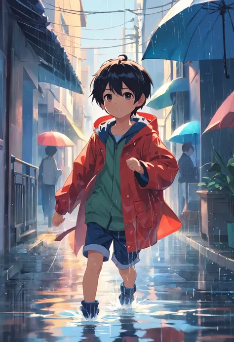 A little boy, black hair, adorable, cute, raincoat outfit, hooded raincoat, animal raincoat, playing with rainwater, red