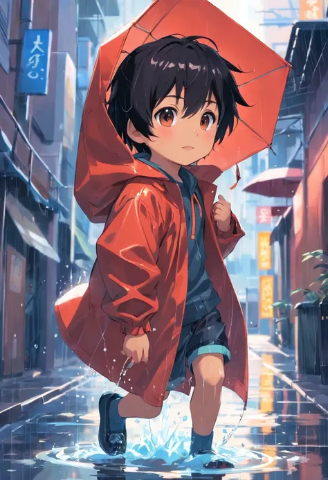 A little boy, black hair, adorable, cute, raincoat outfit, hooded raincoat, animal raincoat, playing with rainwater, red