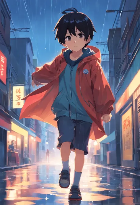 A little boy, black hair, adorable, cute, raincoat outfit, hooded raincoat, animal raincoat, playing with rainwater, red