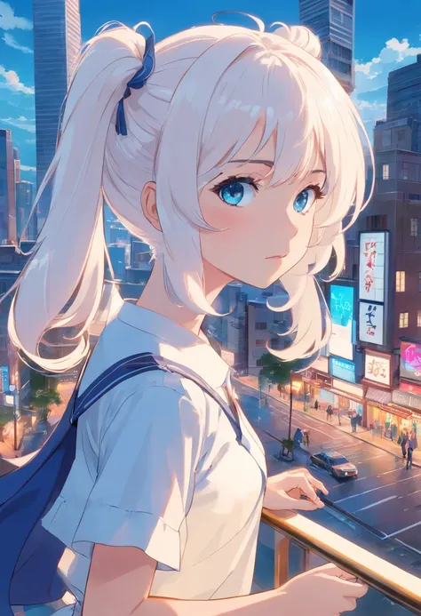 white color hair，double ponytail curls，blue color eyes，White Lolita，Beth，busy cityscape