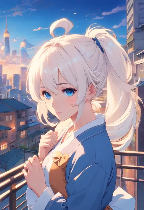 white color hair，double ponytail curls，blue color eyes，White Lolita，Beth，busy cityscape