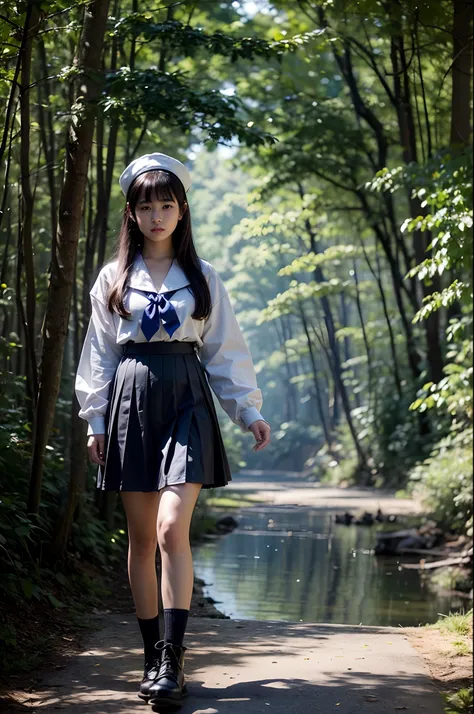 ,​masterpiece、high-level image quality、high-detail、full body Esbian、a sailor suit、One Beautiful Girl, hi-school girl、15yo student、Hairstyle with bangs、great outdoors、Blue swamp in the coniferous forest belt、Beautiful girl walking in the water and coming he...